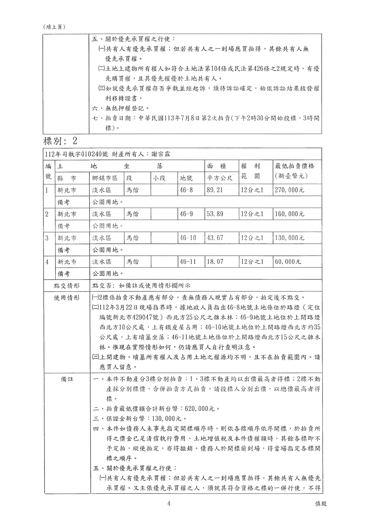 臺灣士林地方法院民事執行處113年7月8日下午2時30分整進行債務人謝宗霖、賴月娥不動產拍賣公告資料
