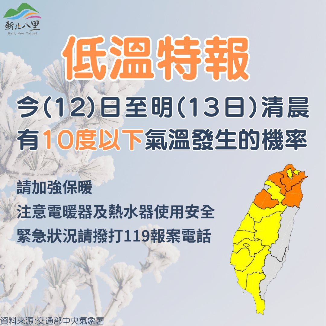 114年1月12日至13日清晨低溫特報