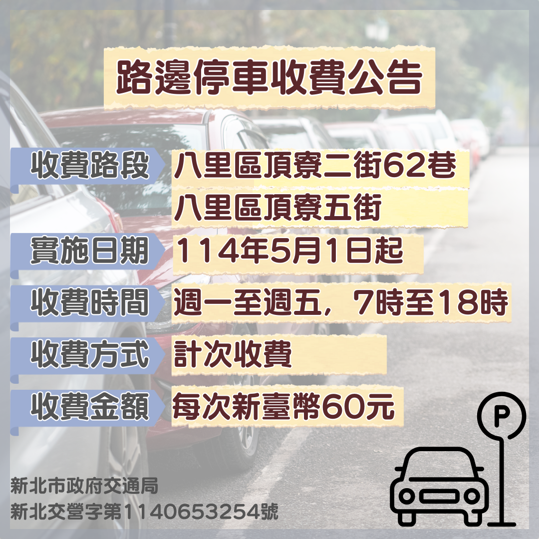 頂寮二街62巷及頂寮五街路邊停車收費