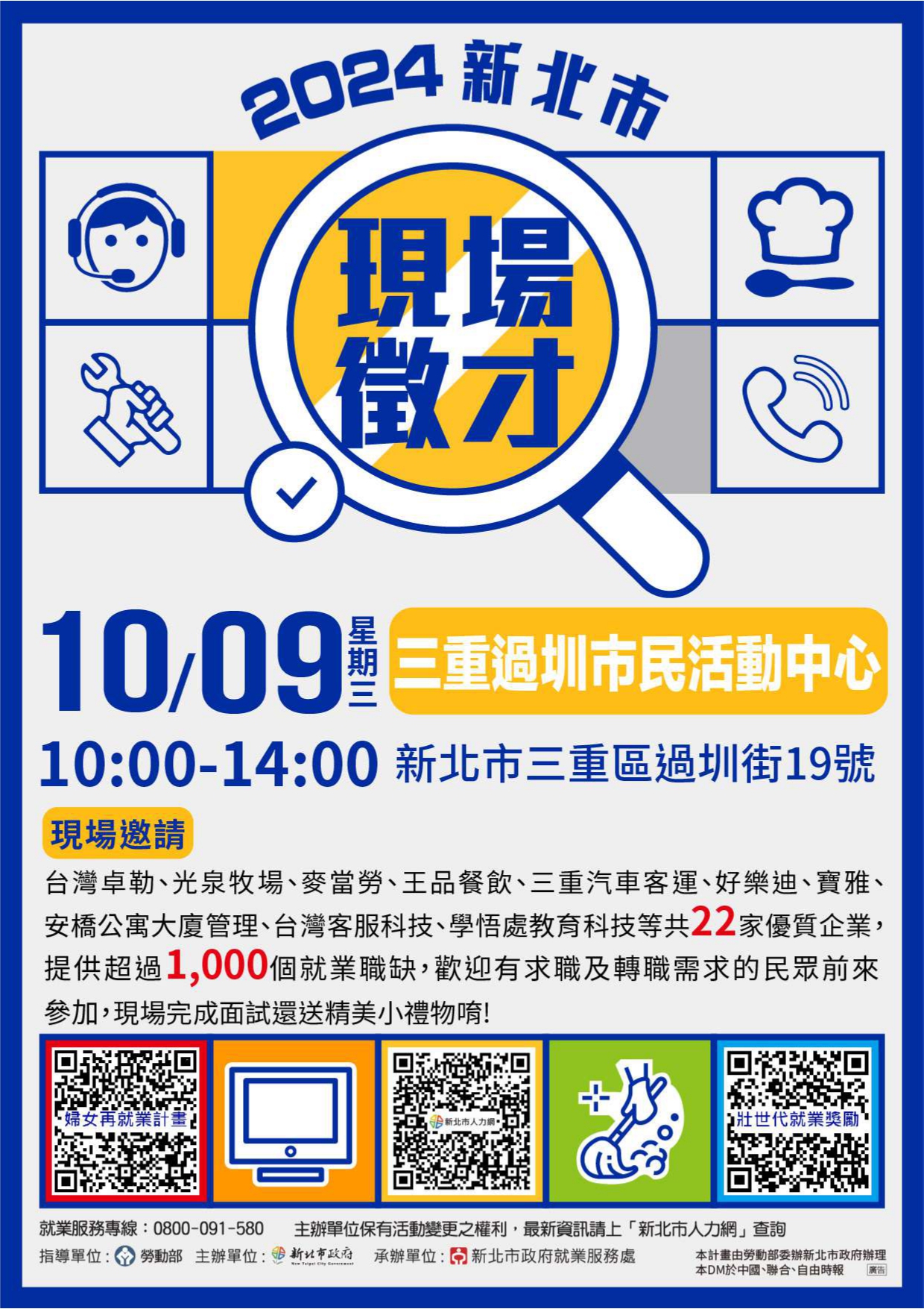 10/09(三)10:00-14:00『2024新北市聯合徵才活動』在『三重過圳市民活動中心』(新北市三重區過圳街19號),歡迎求職者踴躍參加。
