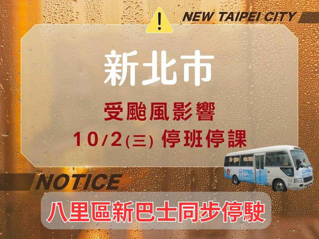 山陀兒颱風-新北市10月2日停班停課,八里區新巴士同步停駛